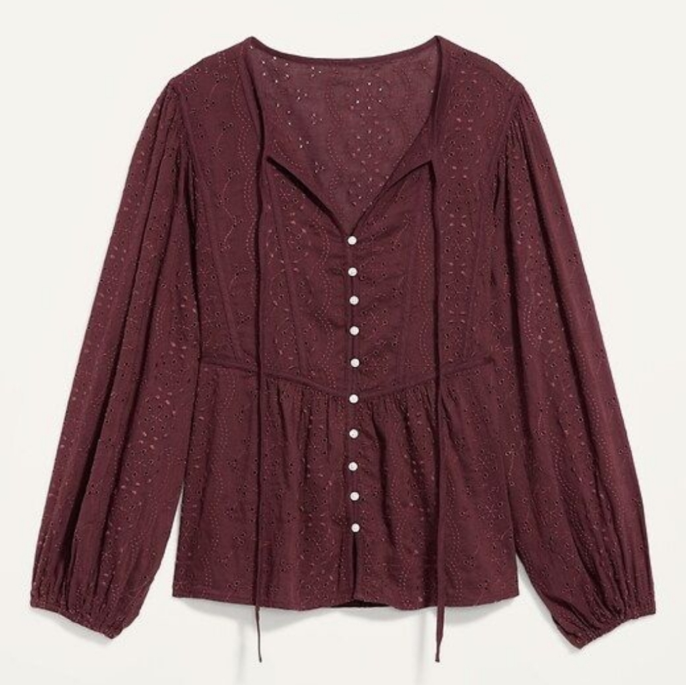 Old Navy Oversized Embroidered Cutwork Tie-Neck Blouse for Women